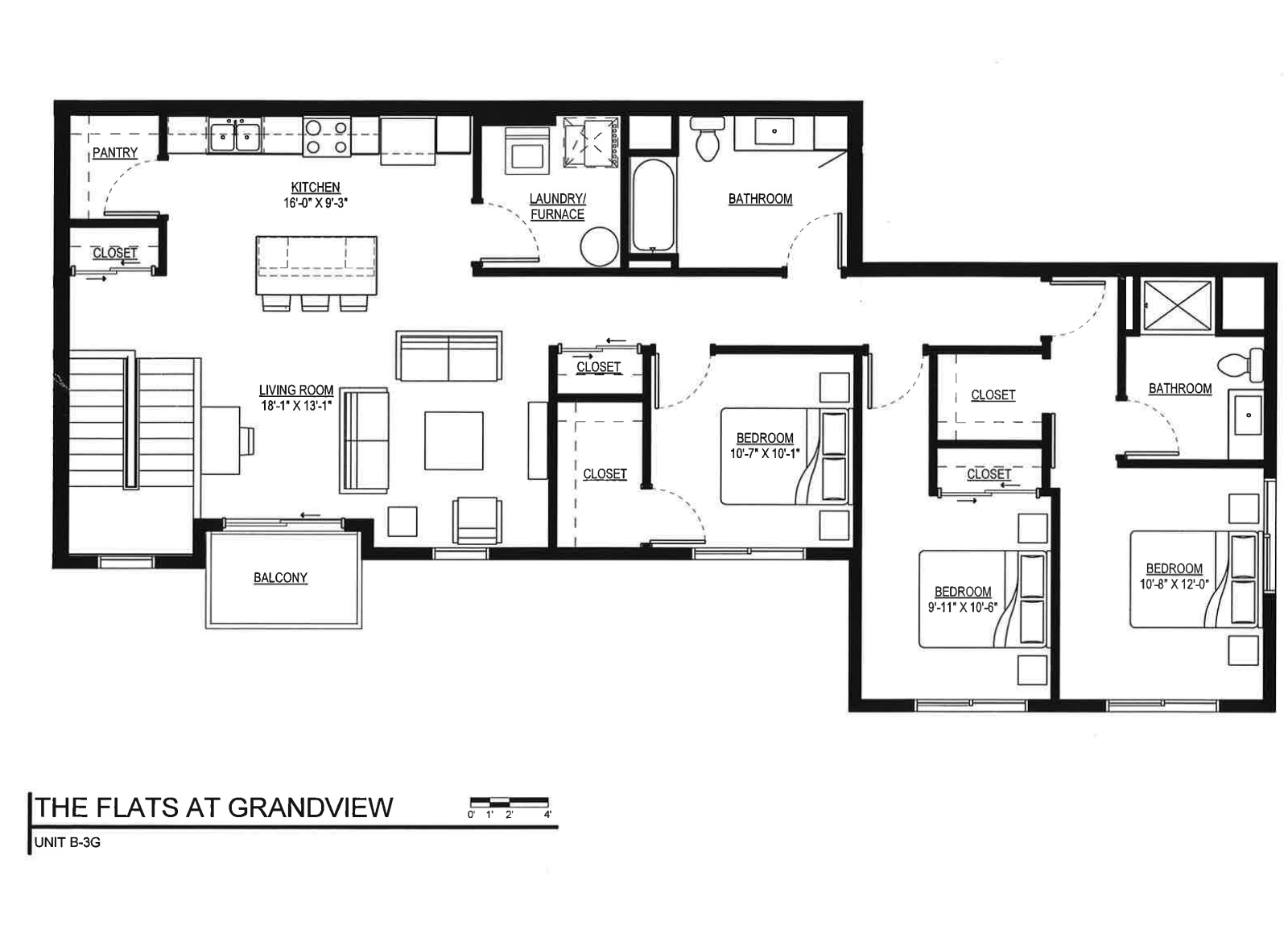 Floor plan for 3 beds, 2 baths, 1455 sqft